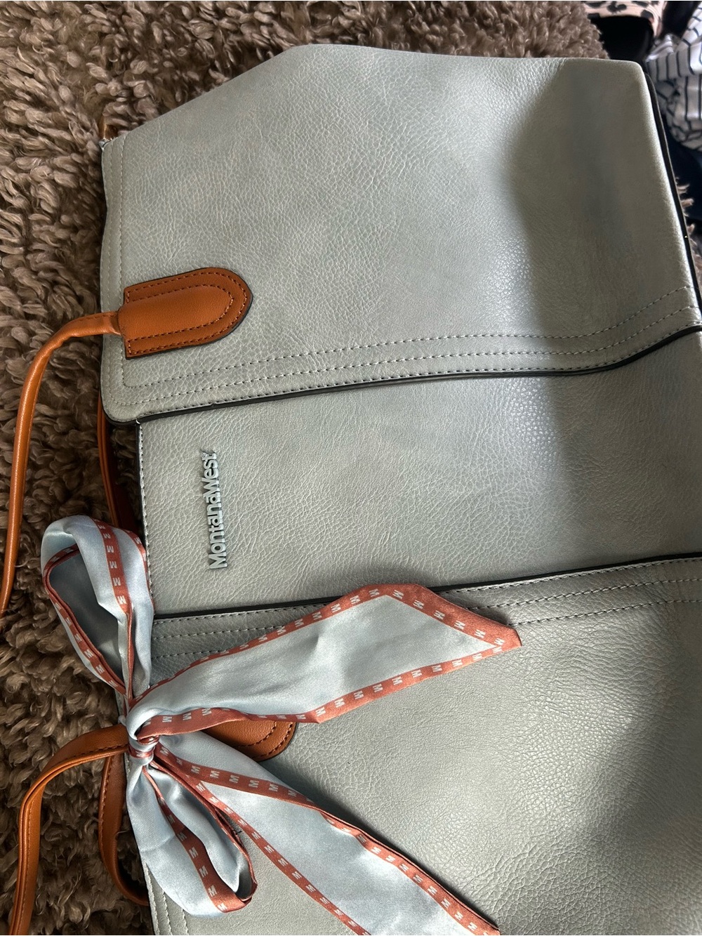 Montana West Mint Green Tote with Tan Trim and Scarf Accent
